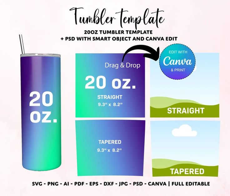 the tumbler template includes 20oz, 20oz and 20oz bottles with straws