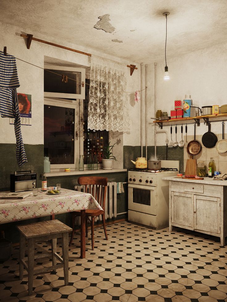 an old fashioned kitchen with black and white checkered flooring on the tile floors