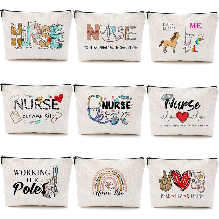 nine embroidered nurse's pouches are lined up in the shape of letters and numbers