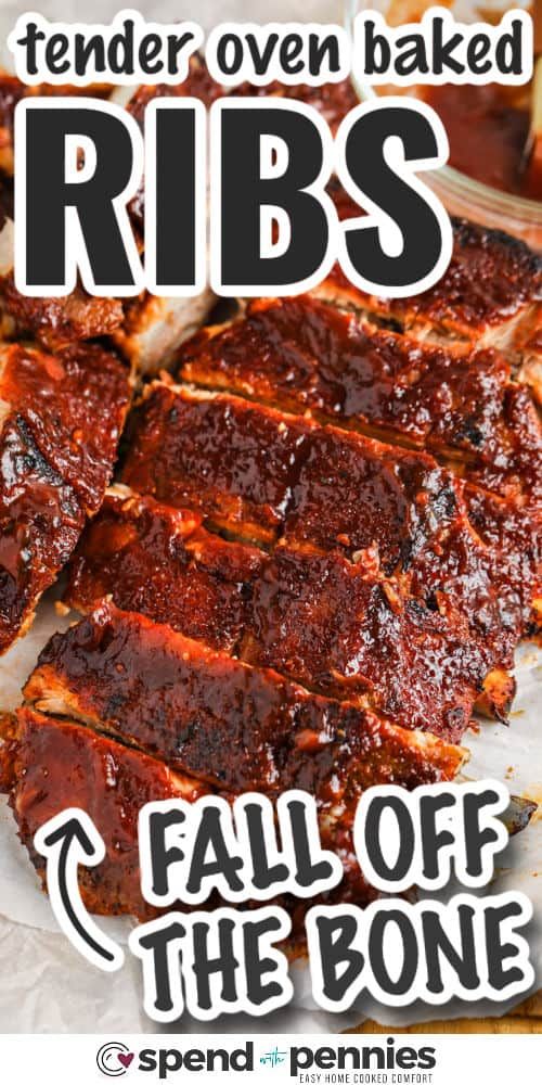 ribs with text that reads tender oven baked ribs fall off the bone