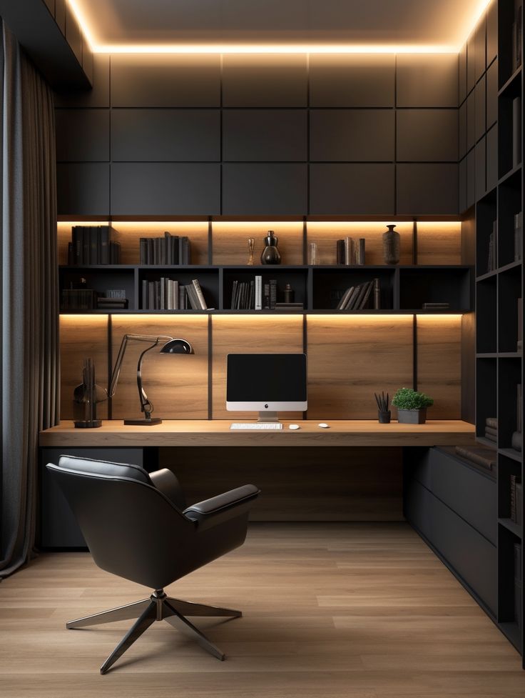 an office with a desk, chair and bookshelf in the corner is lit by recessed lighting