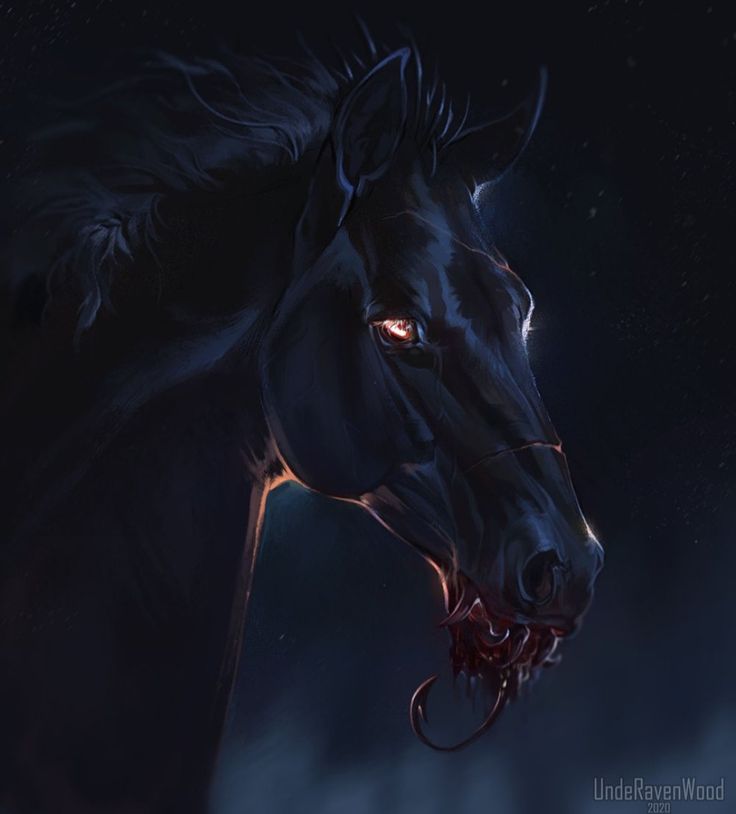 a horse with it's mouth open in the dark