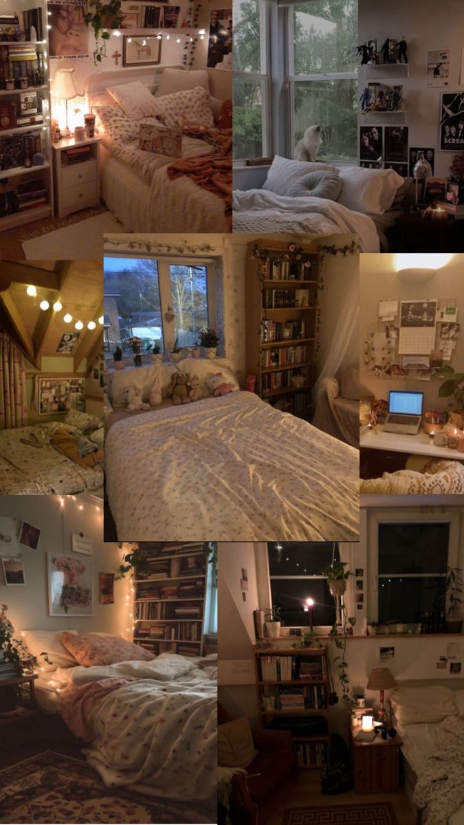 a collage of photos showing the inside of a bedroom