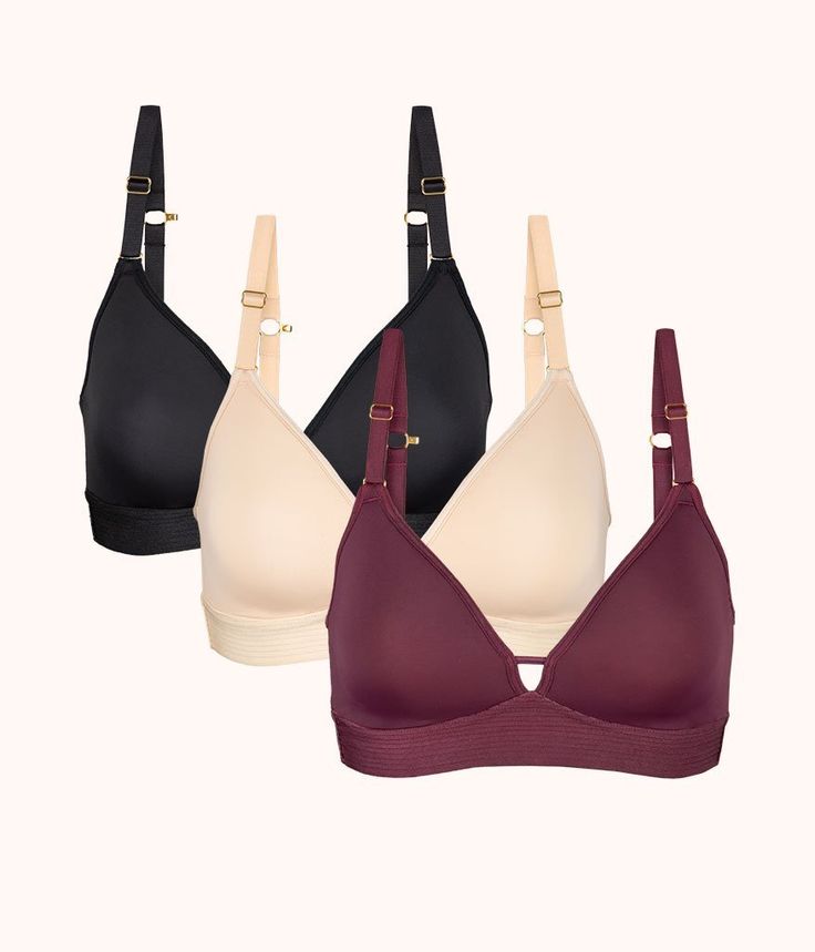 The Spacer Bra Trio: Toasted Almond/Jet Black/Plum | LIVELY Air Bra, Wireless Bras, Black Plum, Bras For Women, Best Bras, Comfortable Bras, Toasted Almonds, Racerback Bra, Everyday Bra