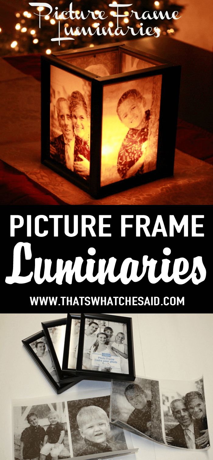 an illuminated lamp with pictures on it and the words picture frame luminaries