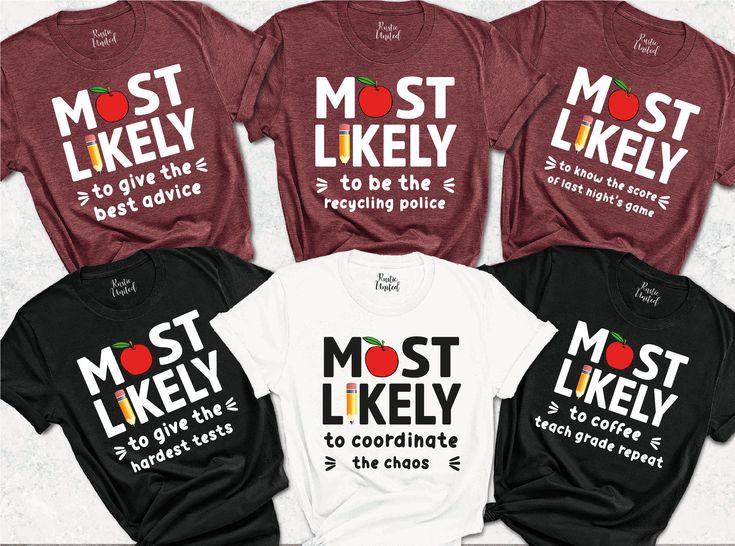 "Most Likely To School Shirts, Matching Back To School Shirts, Most Likely To Teacher Tees, Funny Teacher Team Shirts, Teacher Life Shirts ----- How To Order ----- 1-) Please, check and review all the photos. 2-) Choose your t-shirt size and color. *Different styles of shirts may have different shades of same color choice due to different manufacturer brands. *For this reason, we recommend you to match shirts from the same styles if you want precisely matching colors (ex. Unisex, V-necks, Toddle Teacher Team Shirts Funny, Middle School Teacher Team Shirts, Most Likely Teacher Shirts, Fall Teacher Shirts Funny, Teacher Bestie Shirts, Middle School Teacher Shirts, Teacher Shirt Ideas, Staff Activities, Circuit Shirts