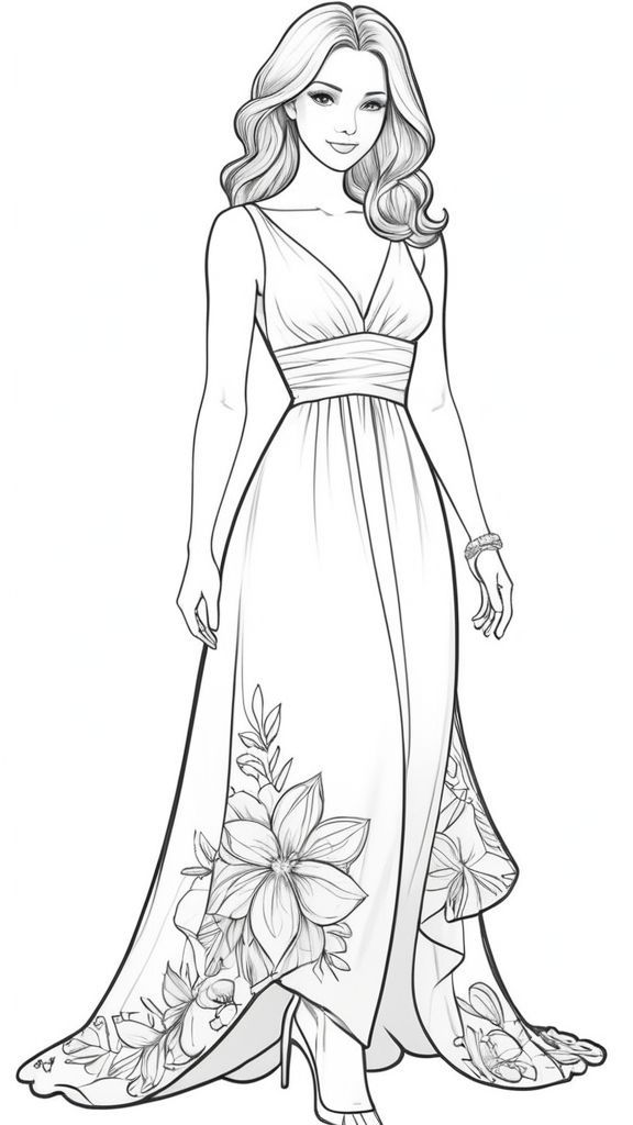 a woman in a long dress with flowers on it