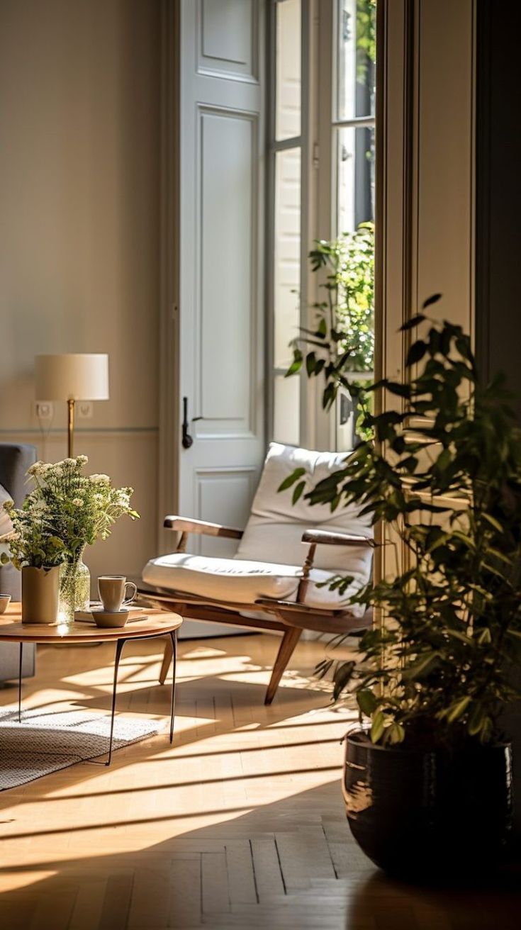 a living room filled with furniture and plants