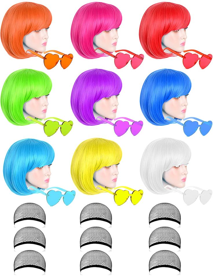 PRICES MAY VARY. 【Wigs + Neon Glasses + Wig Cap】The wig pack is included 9 pcs wigs for women + 9 pcs heart sunglasses + 9 pcs free wig cap, the extra love heart shaped rimless party sunglasses looks fashionable and novelty, making you look more attractive, suitable for most face shapes. They are best neon party decorations 【Premium Wig】The bob wigs are made of polyethylene, each color wigs is woven on an adjustable size mesh cap, breathable, don't worry about that they will do harm to your hair Fun Wigs Party, Neon Wig, Neon Glasses, Neon Party Decorations, Heart Shape Sunglasses, Short Bob Hair, Colorful Wigs, Color Wigs, Wigs Cosplay