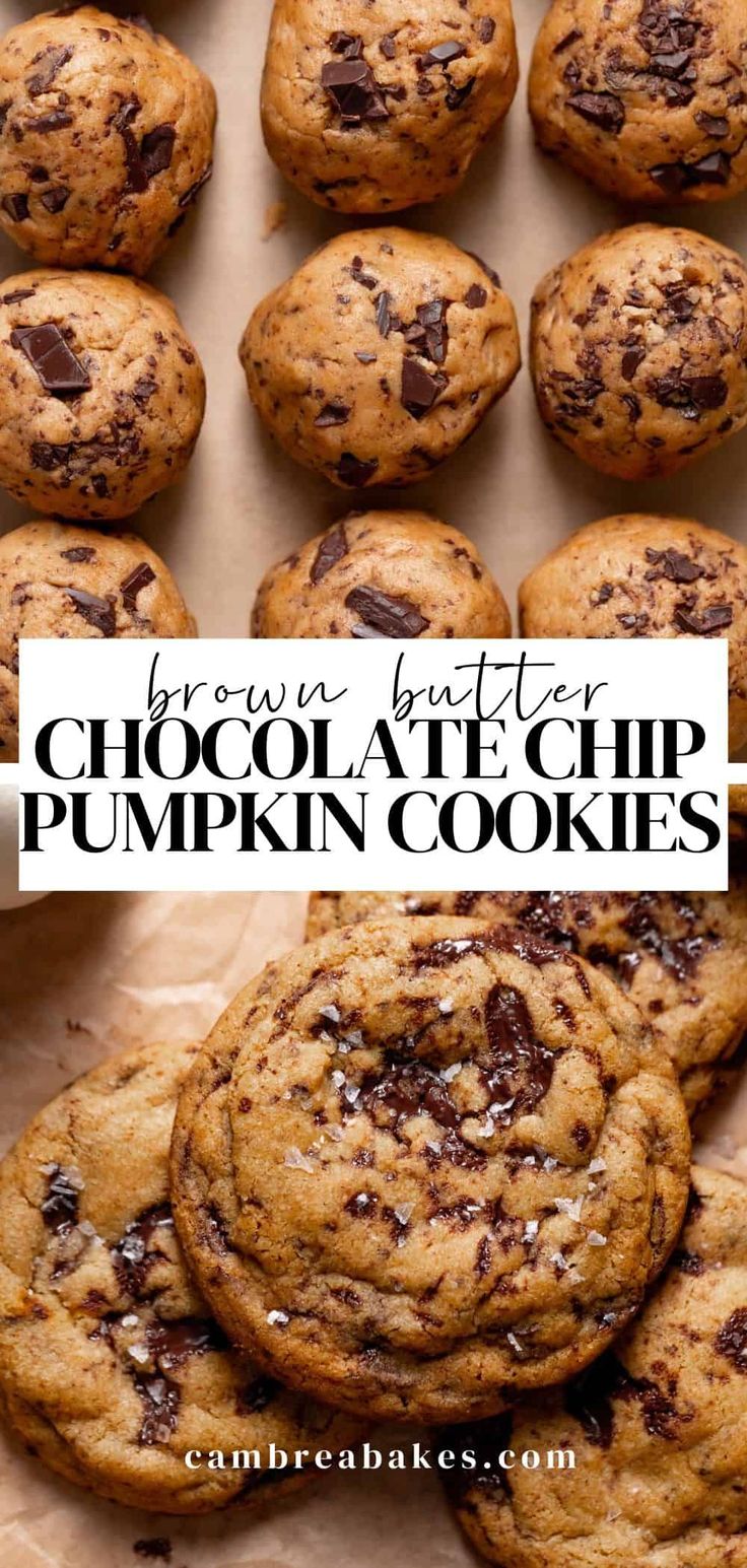 brown butter chocolate chip pumpkin cookies are stacked on top of each other with the title above it