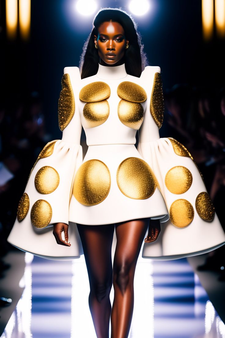 Avant Garde Fashion Couture, Gold Clothing, Dress Hire, Gold Outfit, White Woman, Clothing Outfits, Futuristic Fashion, Avant Garde Fashion, Couture Runway