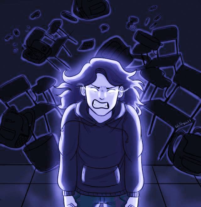 a cartoon character standing in front of a bunch of objects on the floor with one eye open