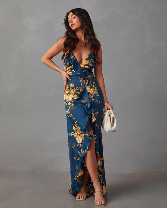 Capriccio Satin Floral Ruffle Maxi Dress – VICI Elegant Garden Party, Western Wear Dresses, Elegant Garden, Ruffle Maxi Dress, Celebrating Life, Dresses By Length, Satin Slip, Ruffled Maxi Dress, Floral Ruffle