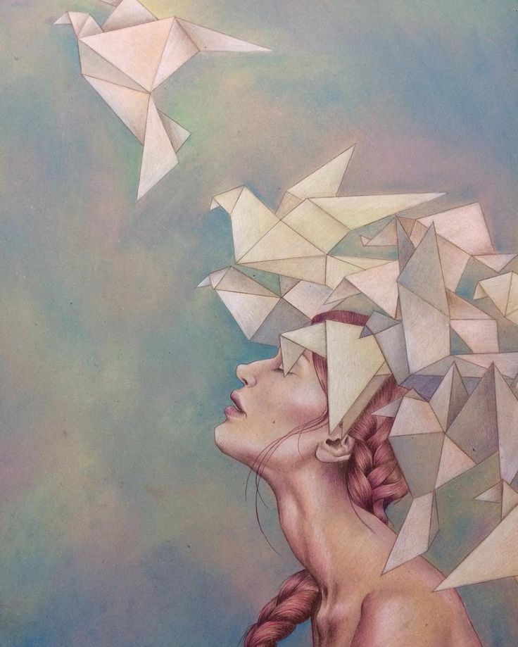 a painting of a woman's head with origami birds flying above her