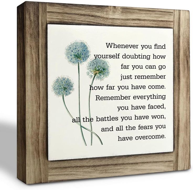 a wooden frame with an image of two dandelions and the words, whenever you find yourself doubting how far you can go