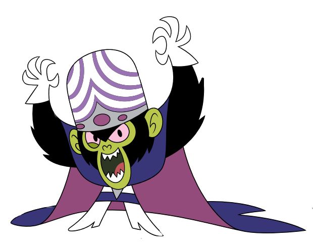 a cartoon character with an evil look on his face and purple hair, wearing a striped hat