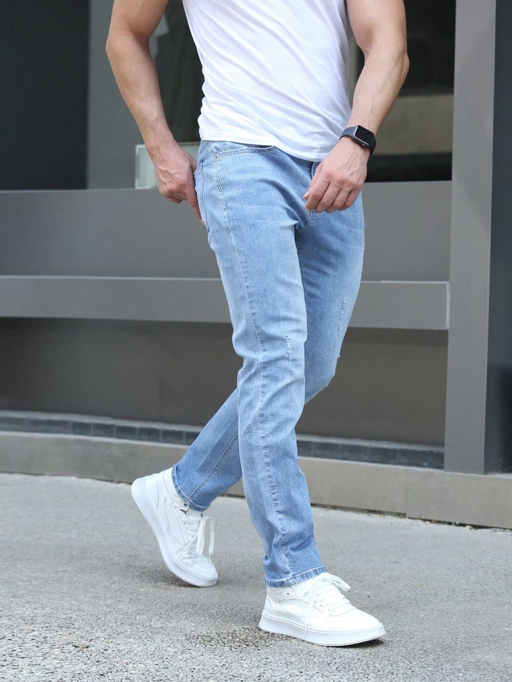 Mens Slim Straight Jeans, Light Blue Denim Jeans Outfit Men, Slim Jeans Men Outfits, Light Blue Jeans Outfit Men, Mens Light Blue Jeans, Blue Jeans Outfit Men, Light Blue Jeans Outfit, Jean Top Outfits, Blue Jeans For Men