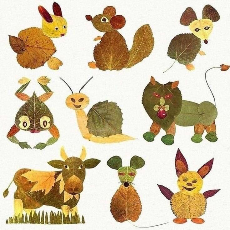 an image of some animals that are in the grass and leaf shapes on white paper