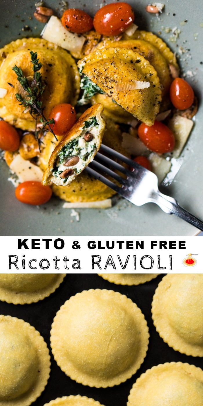 chicken and gluten free ricotta ravioli with cherry tomatoes in the background