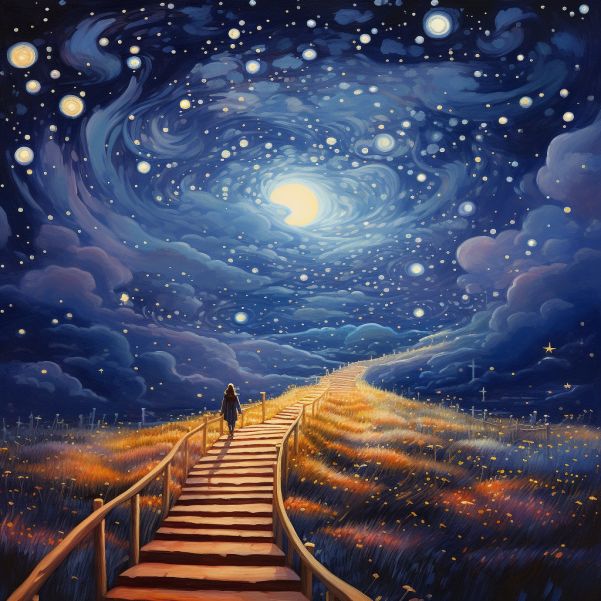 a painting of a stairway leading to the stars in the night sky, with two people walking up it