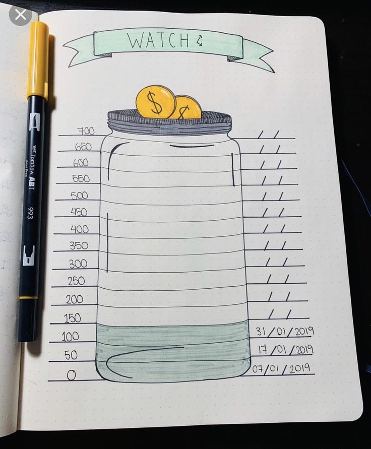 a notebook with a drawing of a jar containing money