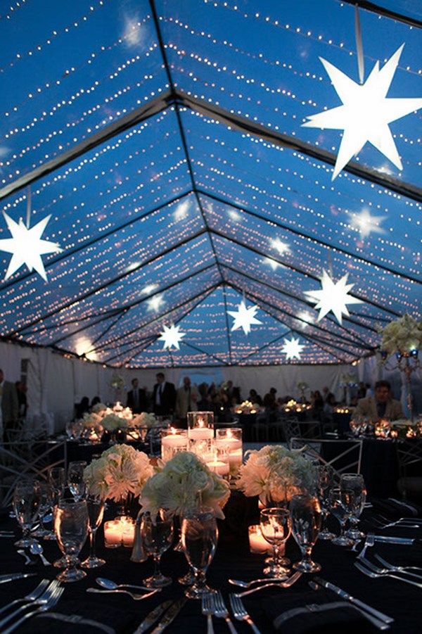 a large tent with tables and chairs set up for a formal dinner under the stars