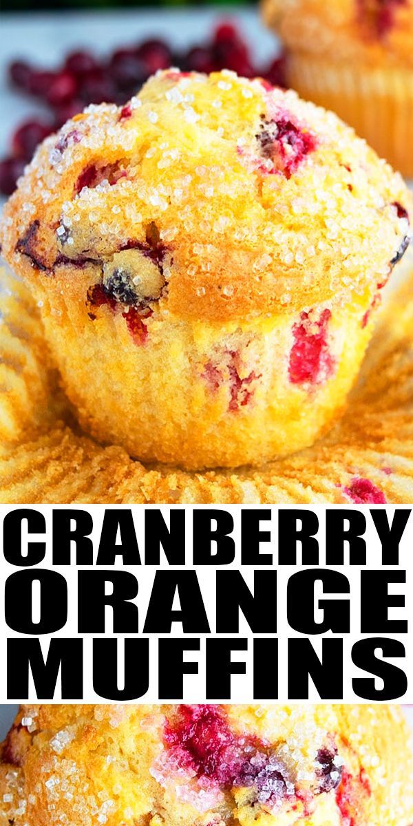 two cranberry orange muffins stacked on top of each other with text overlay