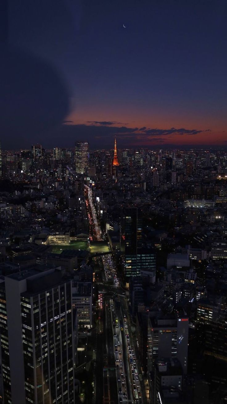 an aerial view of the city at night