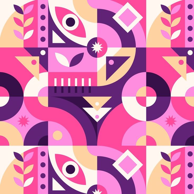 an abstract design with pink and purple colors, including circles, shapes, and lines