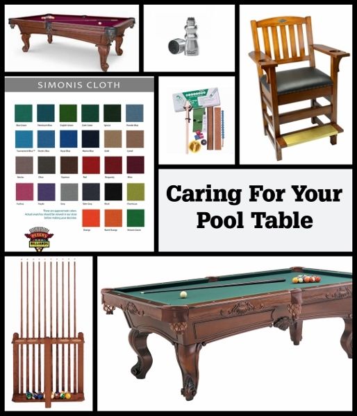 various pool tables and chairs with the words caring for your pool table