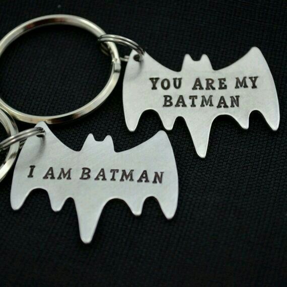 two metal batman key chains with the words you are my batman and i am batman