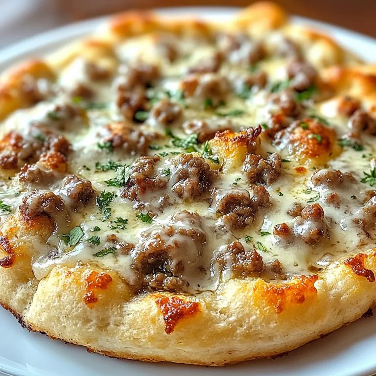 a close up of a pizza on a plate with cheese and meat toppings,