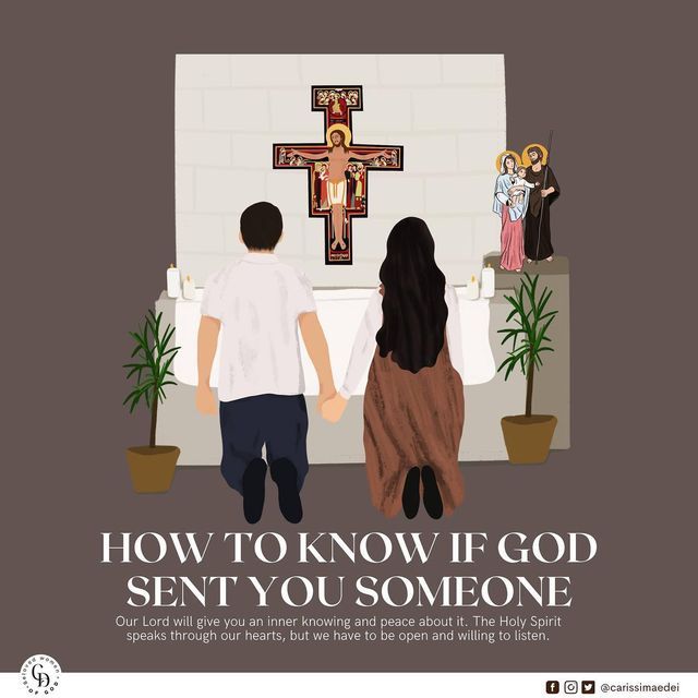 two people standing in front of a cross with the words how to know if god sent you someone