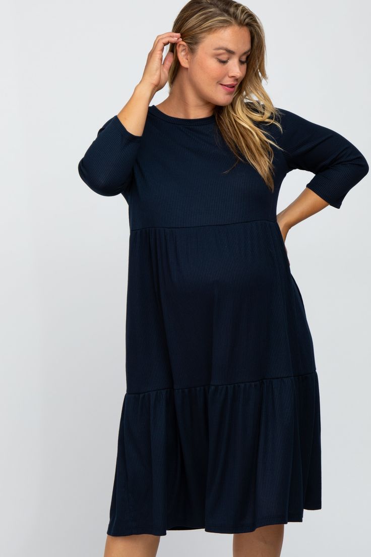 Details A ribbed tiered plus maternity midi dress featuring 3/4 sleeves and a rounded neckline. Content + Care 68% Polyester 28% Rayon 4% Spandex Hand Wash Cold, No Bleach, Color Separate, Hang Dry or Dry Clean USA Size + Fit Length: 47" Sleeve Length: 12" Measured From: 1X Product Code: 69186 Model Stats: Height: 5'9" Bust: 36" Hips: 46.5" Wearing Size: 1X Plus Size Maternity Dress, Plus Size Maternity Dresses, Plus Size Maternity, Maternity Midi Dress, Stylish Mom, Pink Blush Maternity, Plus Size Pregnancy, Maternity Dresses, Maternity Clothes