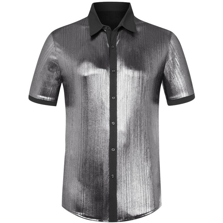 Check out this stunning Shiny Design Color Block Collared Short Sleeves Button Down Closure Nightclub shirt! The sparkling disco button-down shirt is designed to show off your figure and make your style stand out. It's the perfect choice for a night out at a club, a lively party, or a dazzling dancing performance. You can elevate your look by pairing this shiny shirt with faux leather pants and a metallic coat for a touch of glamour. Metallic Shorts, Glitter Shirt, Disco Shirt, Metallic Party, Nightclub Party, Sequin Shirt, Faux Leather Pants, Color Shorts, Cotton Hoodie