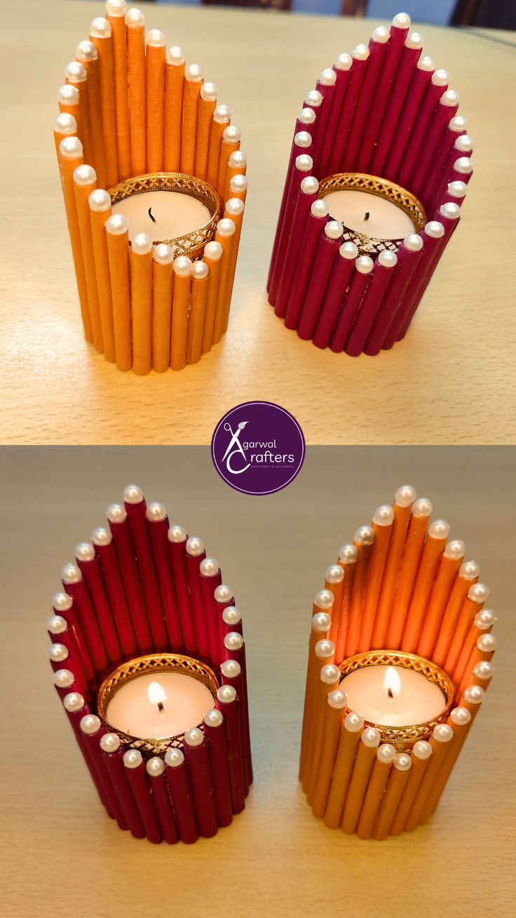 three candles are made out of pencils with pearls on them and one candle is lit