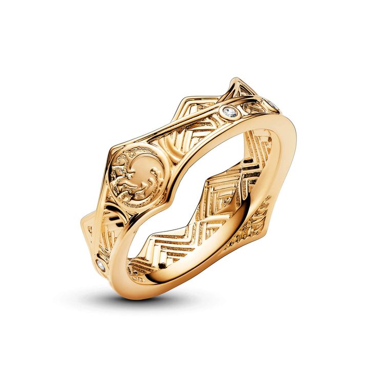 Collect a treasure of an ancient kingdom with the Game of Thrones House of the Dragon Crown Ring. Featuring sparkling stones, arch detailing and the Targaryen sigil � a three-headed dragon symbol � this 14k gold-plated ring harkens back to the legendary Targaryen family's royal roots in the Seven Kingdoms. For fans who want to incorporate their fandom into their everyday style, this ornate ring creates a visually interesting contrast to simpler stackable Pandora rings. Daenerys Targaryen Jewelry, Dragon Crown, Targaryen Sigil, Pandora Stackable Rings, Dragon Symbol, Rings Pandora, Seven Kingdoms, Dragons Crown, Ornate Ring