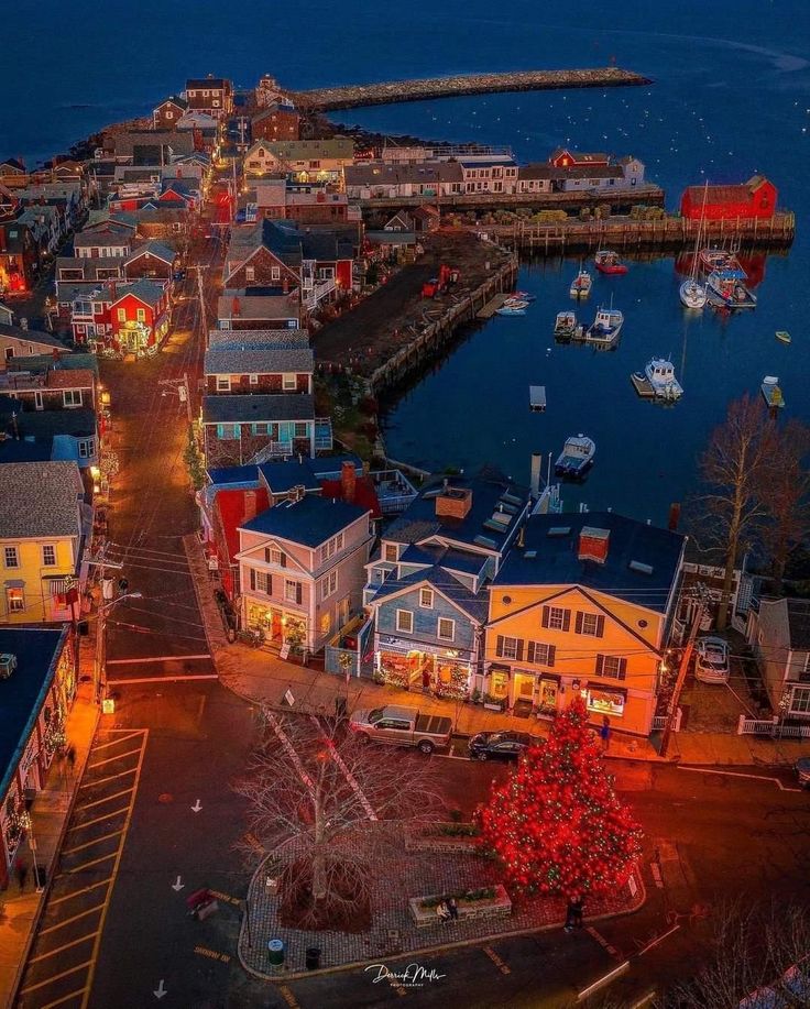 an aerial view of a town at night