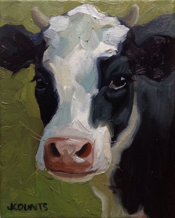 a painting of a black and white cow