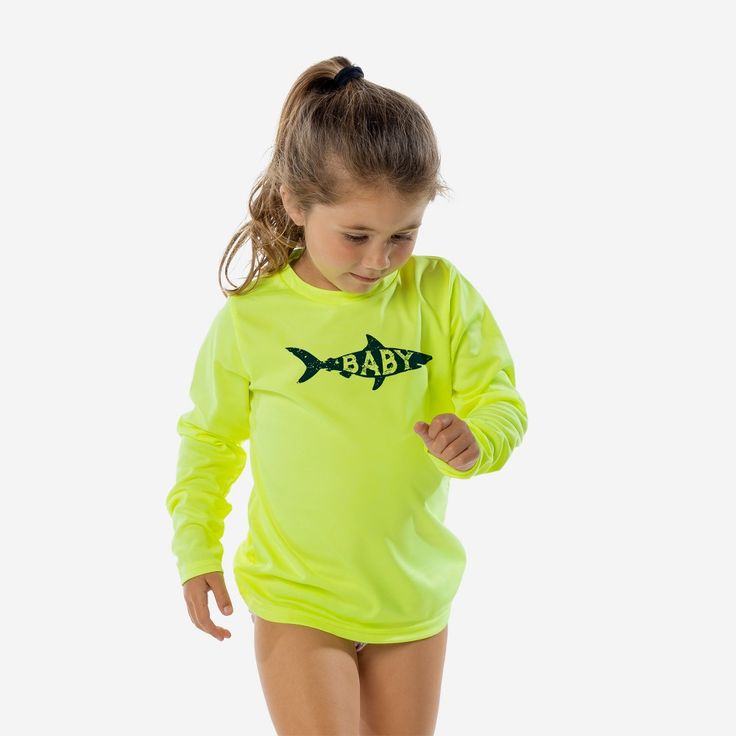 The Toddler Solar Long Sleeve is for adventure or daily wear. Offers sun protection and cooling performance qualities while kids are swimming at the pool or the beach, playing sports, riding bikes, and more. In colder weather, it’s an excellent base layer for wicking and warmth without adding bulk. Plus, wearing a UPF 50+ Shirt means less chemical sunscreen on children's skin and in the pool. Swim Shirt, Yellow Baby, Swim Shirts, Baby Yellow, Athletic Top, Hem Style, Baby Shark, Knit Shorts, Toddler Girl Outfits