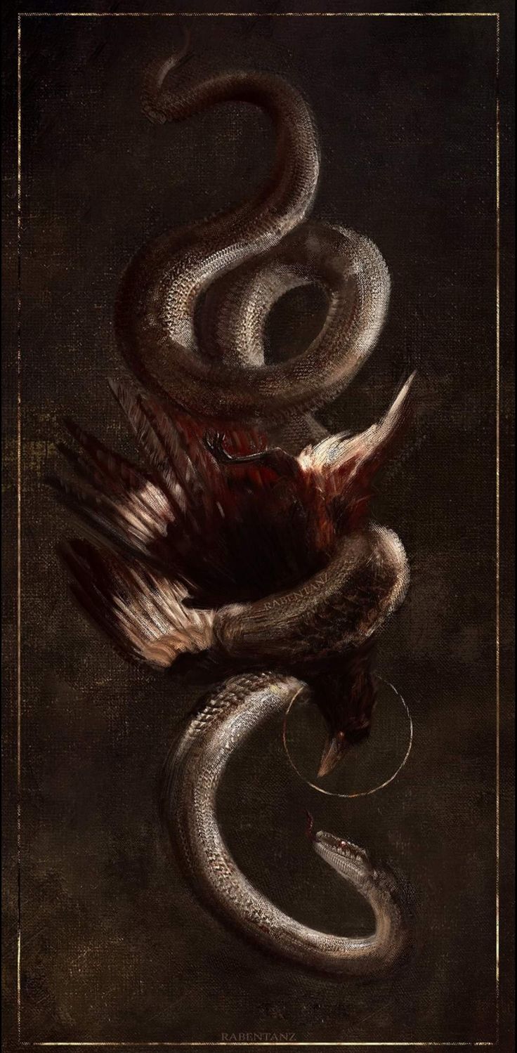 an artistic painting of a snake with its head in the air and it's tail curled up