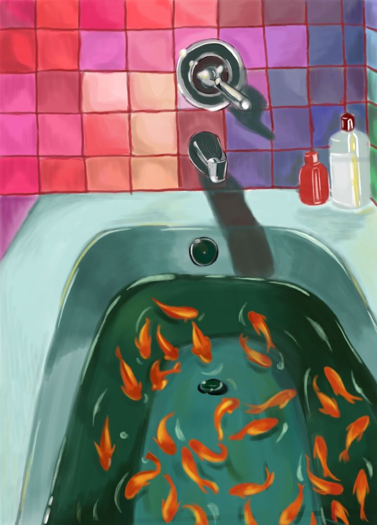 a painting of a bathtub filled with goldfish in a tiled bathroom, next to a faucet and soap dispenser