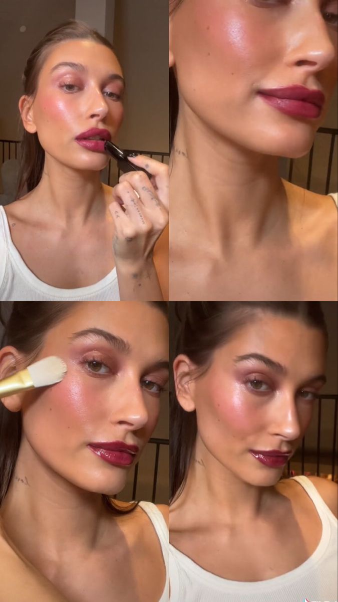 Berry Red Lip Makeup Look, Red Lip Fair Skin, Hailey Bieber Red Lips, Glowy Holiday Makeup, Berry Bridal Makeup, Berry Toned Makeup, Berry Blush Makeup, Cranberry Makeup Look, Berry Lipstick Makeup Look