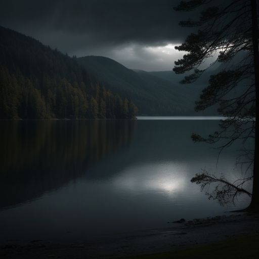 a lake surrounded by trees under a dark sky with the moon shining on it's surface