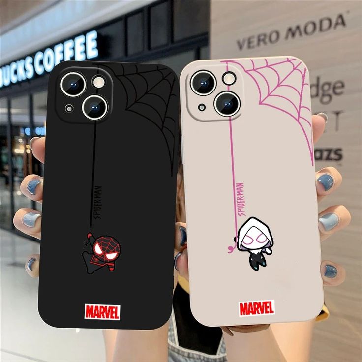 two cases with spider - man and black widow on them, one is for the iphone