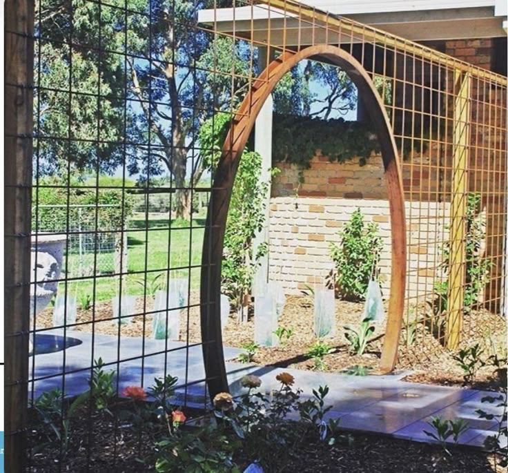 an outdoor garden with a trellis and plants