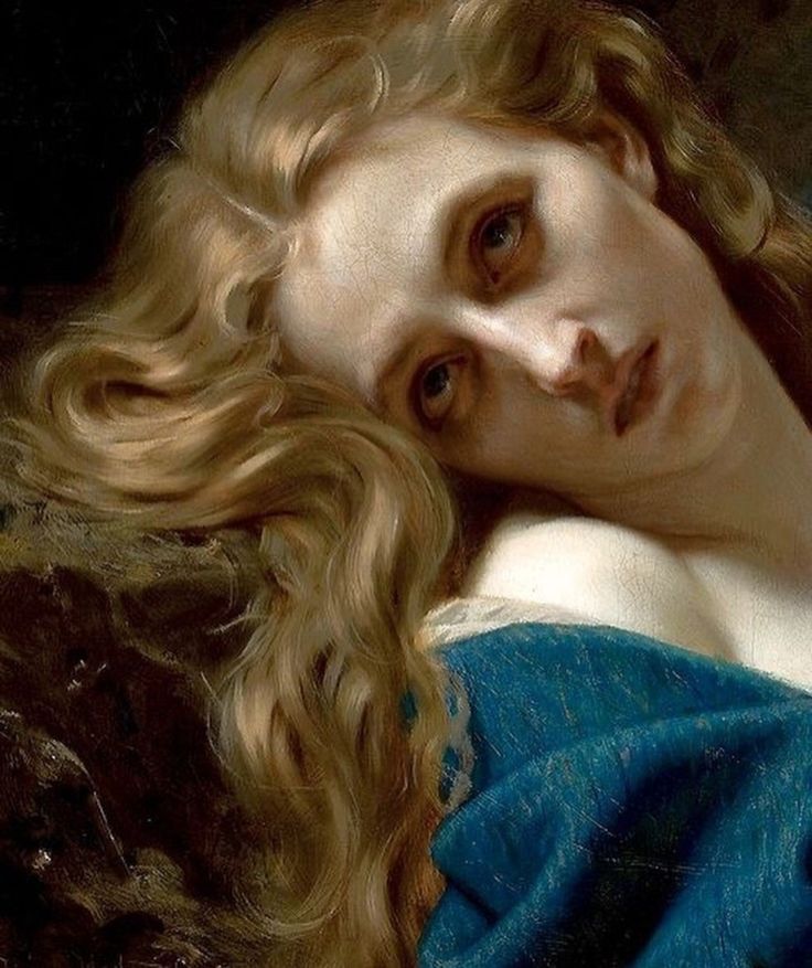 a painting of a woman's face with long blonde hair and blue shirt on