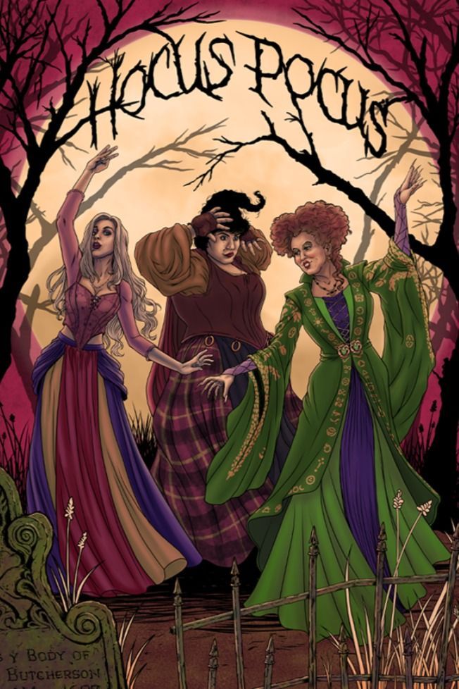 Illustration with the three witches from the hocus pocus movie. Hocus Pocus Artwork, Hocus Pocus Painting Ideas, Hocus Pocus Colors, Hocus Pocus Color Palette, Hocus Pocus Illustration, Hocus Pocus Images, Hocus Pocus Drawings, Hocus Pocus Coloring Pages, Hocus Pocus Poster