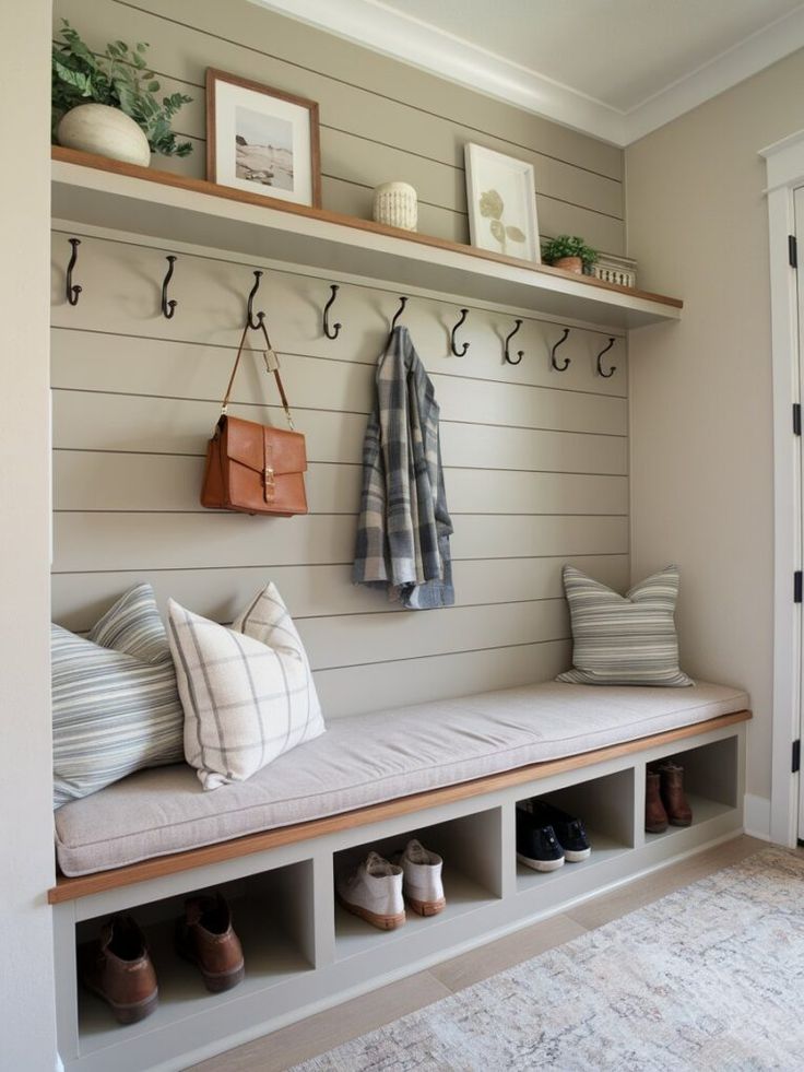 a bench with some pillows and shoes on it