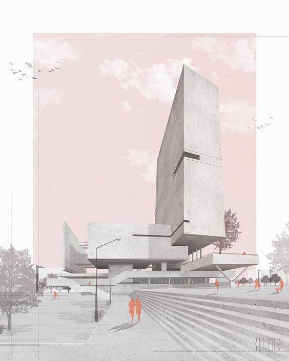 an architectural rendering of a building with stairs leading up to it and people walking around